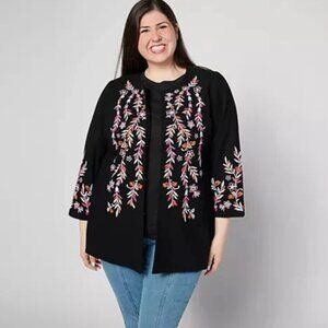 GRAVER Susan Graver Embroidered Cotton Topper-Black/Pink-Medium-NEW-A630816